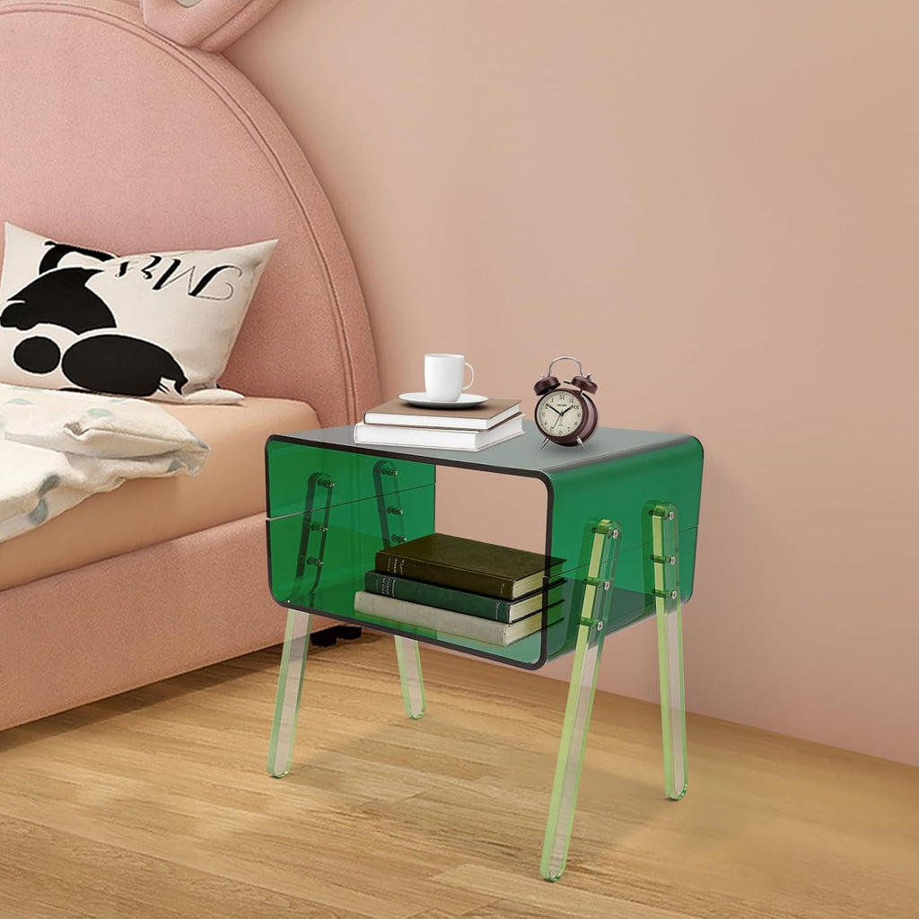 Acrylic Side Table, 2-Tier End Table with Open Storage for Small Spaces, Nightstand Bedside Table for Office, Bed Room, Conference Room (Green)