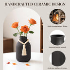 JOHOUSE Black Ceramic Vase, 7.9 Inch Tall Boho Ribbed Vase with Wooden Beads Tassel for Pampas Grass, Wedding Centerpiece, Coffee Table, Bedroom & Apartment, Neutral Farmhouse Decor