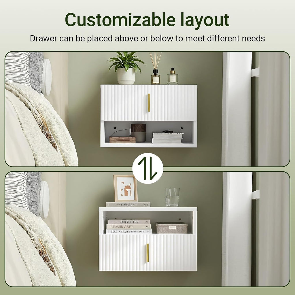 SoBuy Floating Nightstand with LED Sensor Light | Slim Wall Mounted Bedside Table with Drawer, Narrow White Nightstand for Bedrooms and Dorms, FBT176-E-