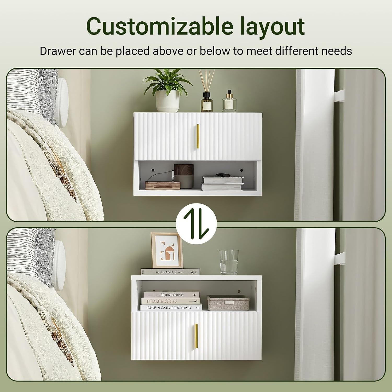 SoBuy Floating Nightstand with LED Sensor Light | Slim Wall Mounted Bedside Table with Drawer, Narrow White Nightstand for Bedrooms and Dorms, FBT176-E-