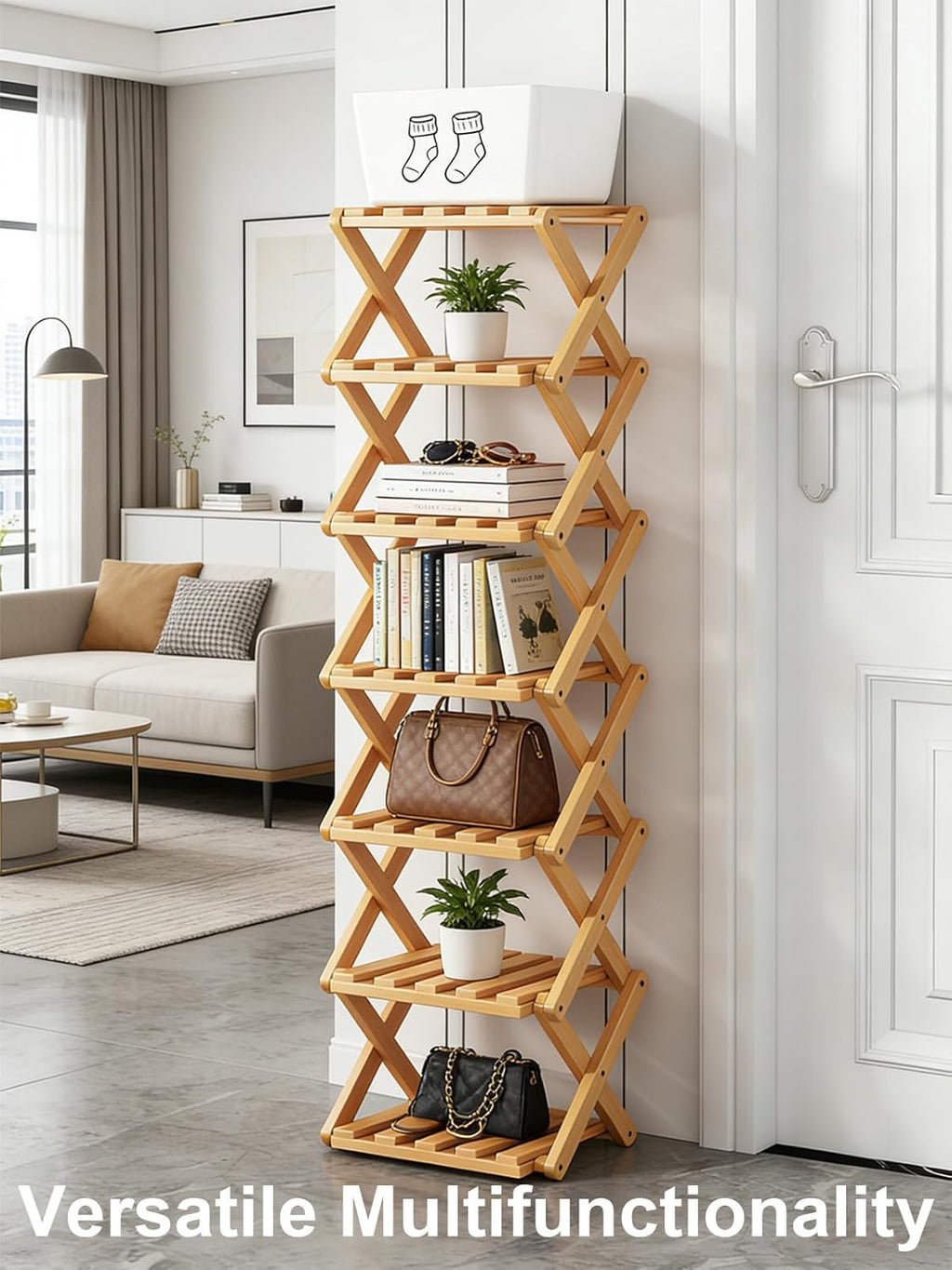 The 9-Tier No-Assembly Bamboo Rack, New Upgrade 9 Tier Bamboo Shoe Rack, Space-Saving Tall Narrow Accordion Shoe Rack for Entryway Closet Dorm (Brown-9)