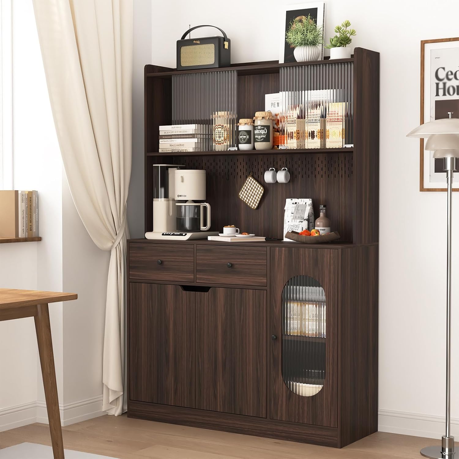 71" Freestanding Kitchen Pantry, Large Dish Storage Cabinet with Fluted Glass Doors and Microwave Stand for Kitchen, Dining and Living Room Walnut