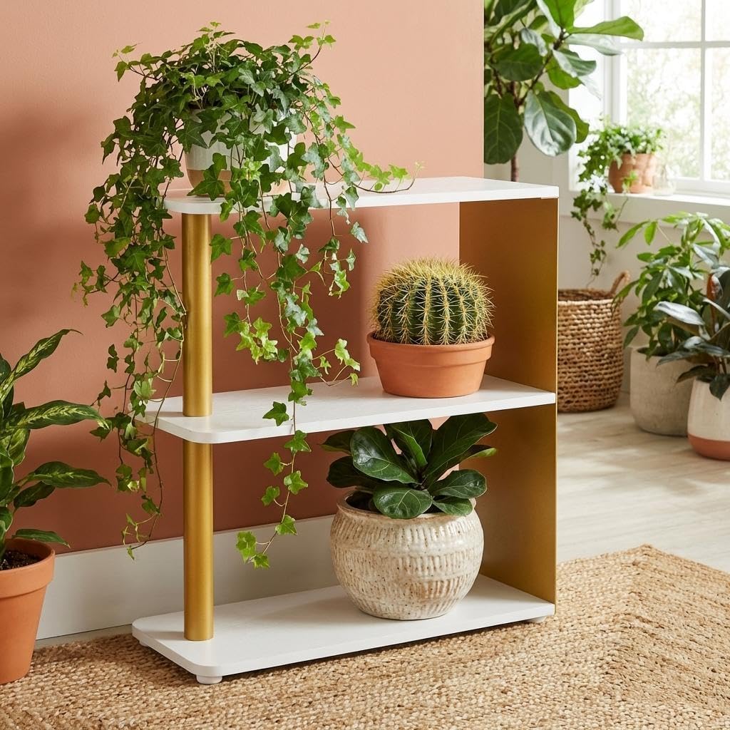 3-Tier Narrow End Table, Industrial Slim Side Table for Small Spaces, Sofa Couch Table Accent Nightstand with Storage Shelves for Living Room, Bedroom, Gold and White