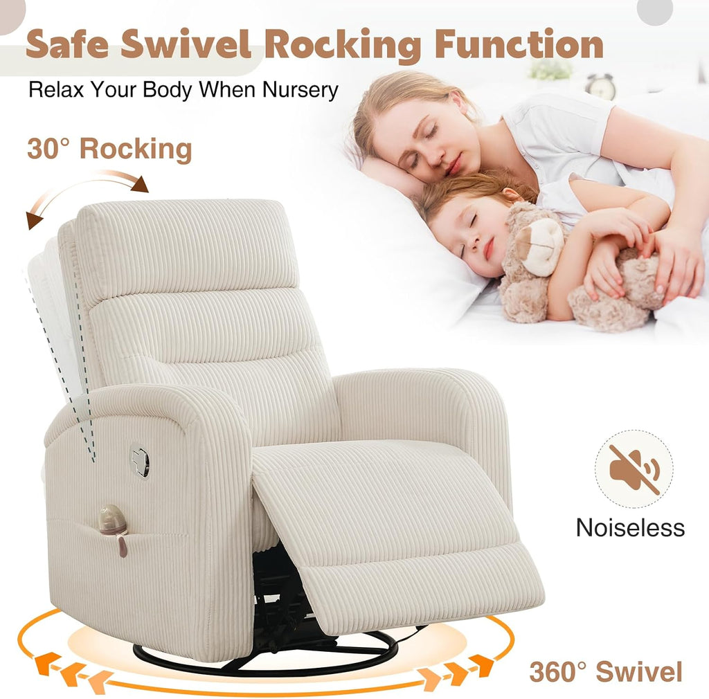 Swivel Nursery Rocker Recliner for Nursery, 360° Swivel Glider Recliner, Manual Rocking Recliner Chairs with Pockets and Large Arms for Living Room, White Corduroy