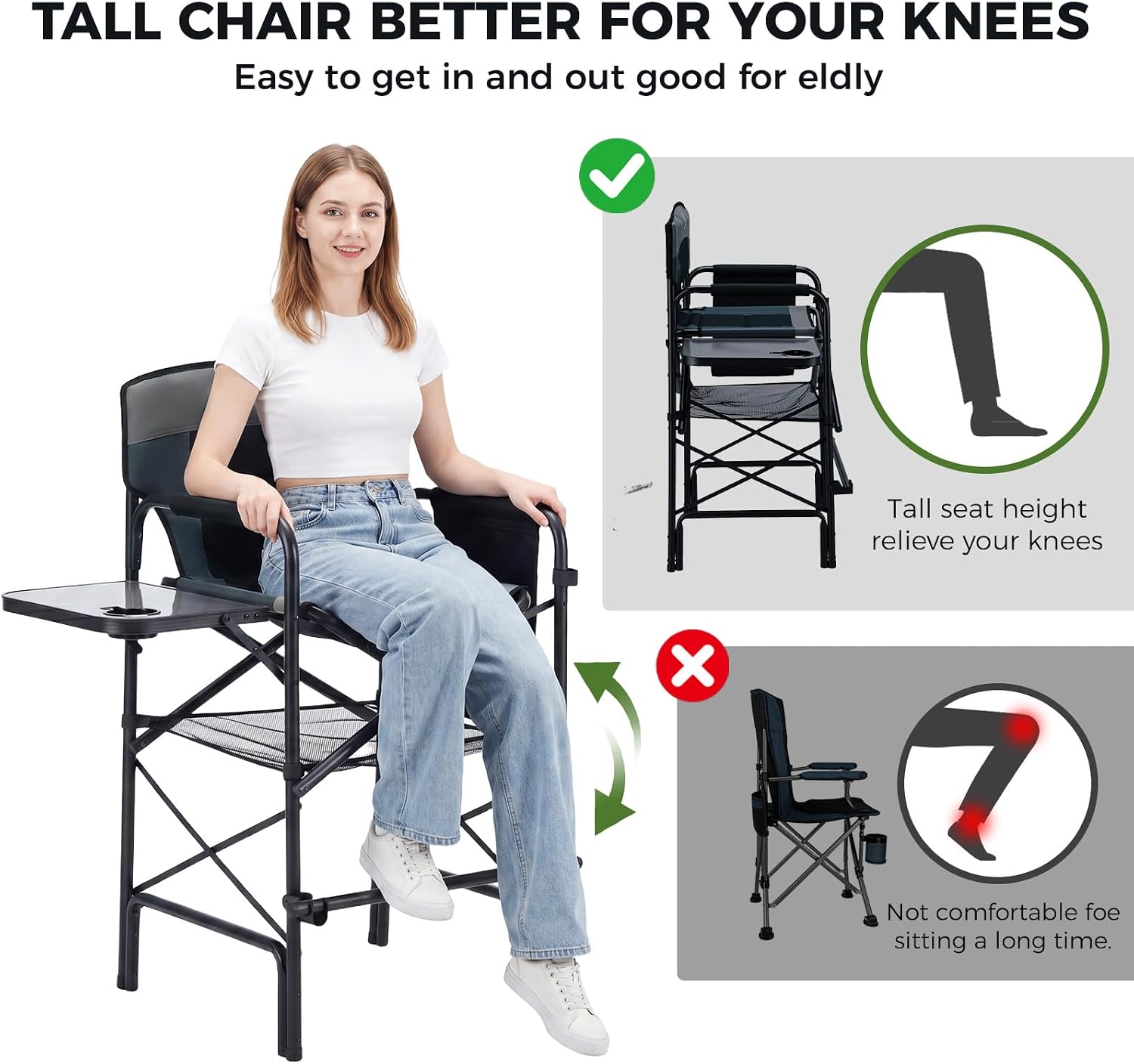 EVER ADVANCED 30.7" Seat Height Tall Directors Chair with Side Table, Foldable Bar Stool & Camping Chair for Makeup Artist, Sports Events and Craft Shows, Supports 350lbs, Grey/Black
