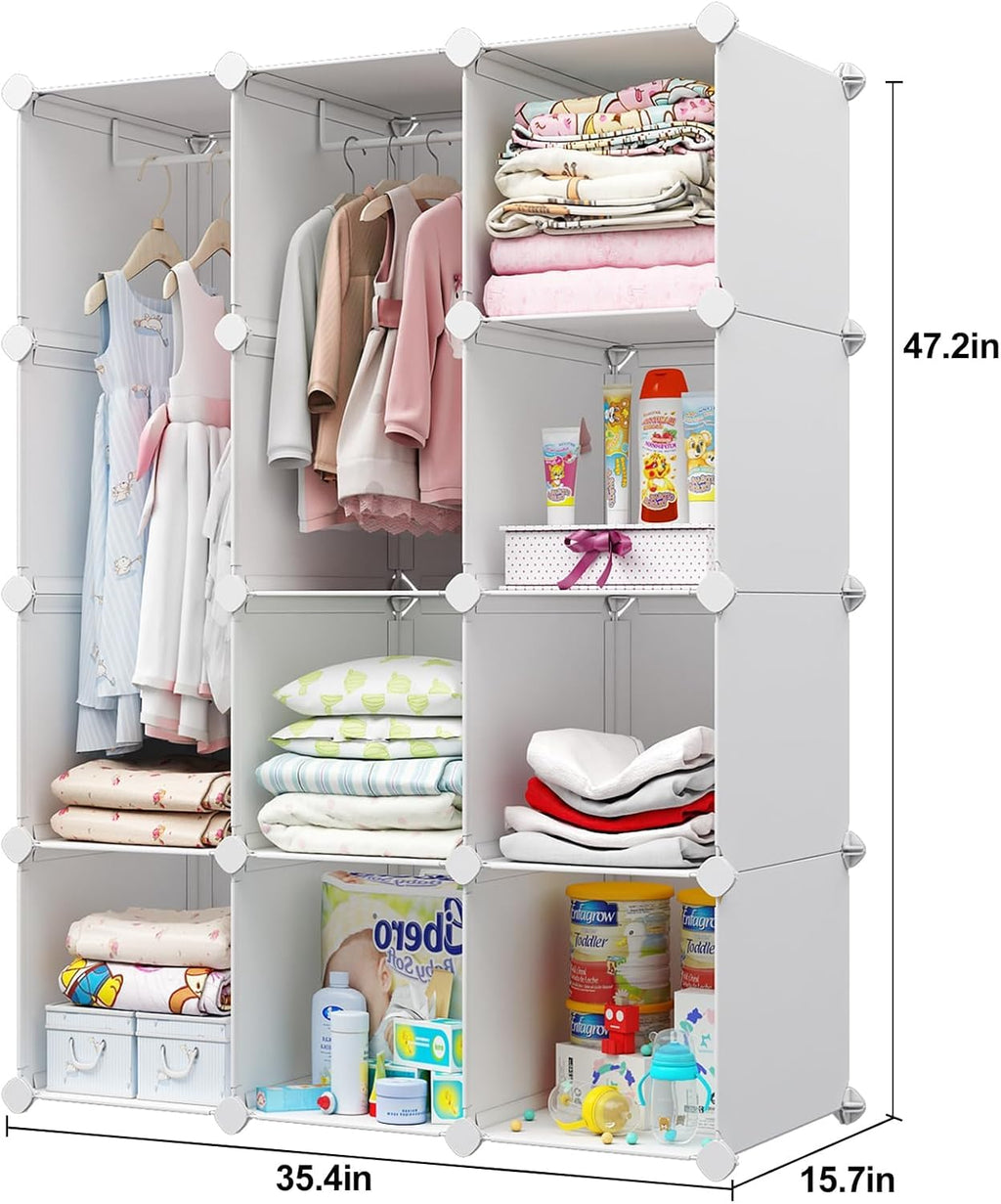 VIPZONE Baby Closet,Dresser, Kids Closet Organizers, Portable Kids Wardrobe for Closet, Bedroom, Nursery, Cubby, Cabinet, Clothes, Dress, Baby Storage Shelf, Armoire Clothes Hanging (12 Cube, White)