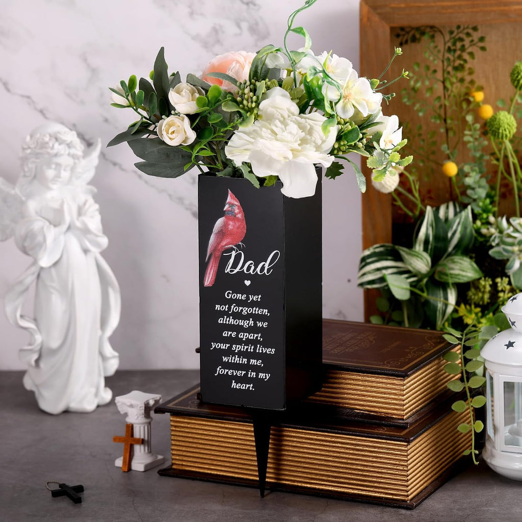 Hushee Memorial Grave Decorations Cemetery Cardinal Flower Vase Metal Gravesite Flower Holder with Spike Graves Metal Funeral for Loss of Loved One Cemetery Outdoors Yard Garden(Dad)