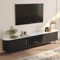 POVISON Fully-Assembled Sliding Tambour Door TV Stand, Mid Century Modern Sintered Stone TV Console, Wood Media Console for 85 Inch TV, Entertainment Center with Storage Cabinet(Black, 94.49")