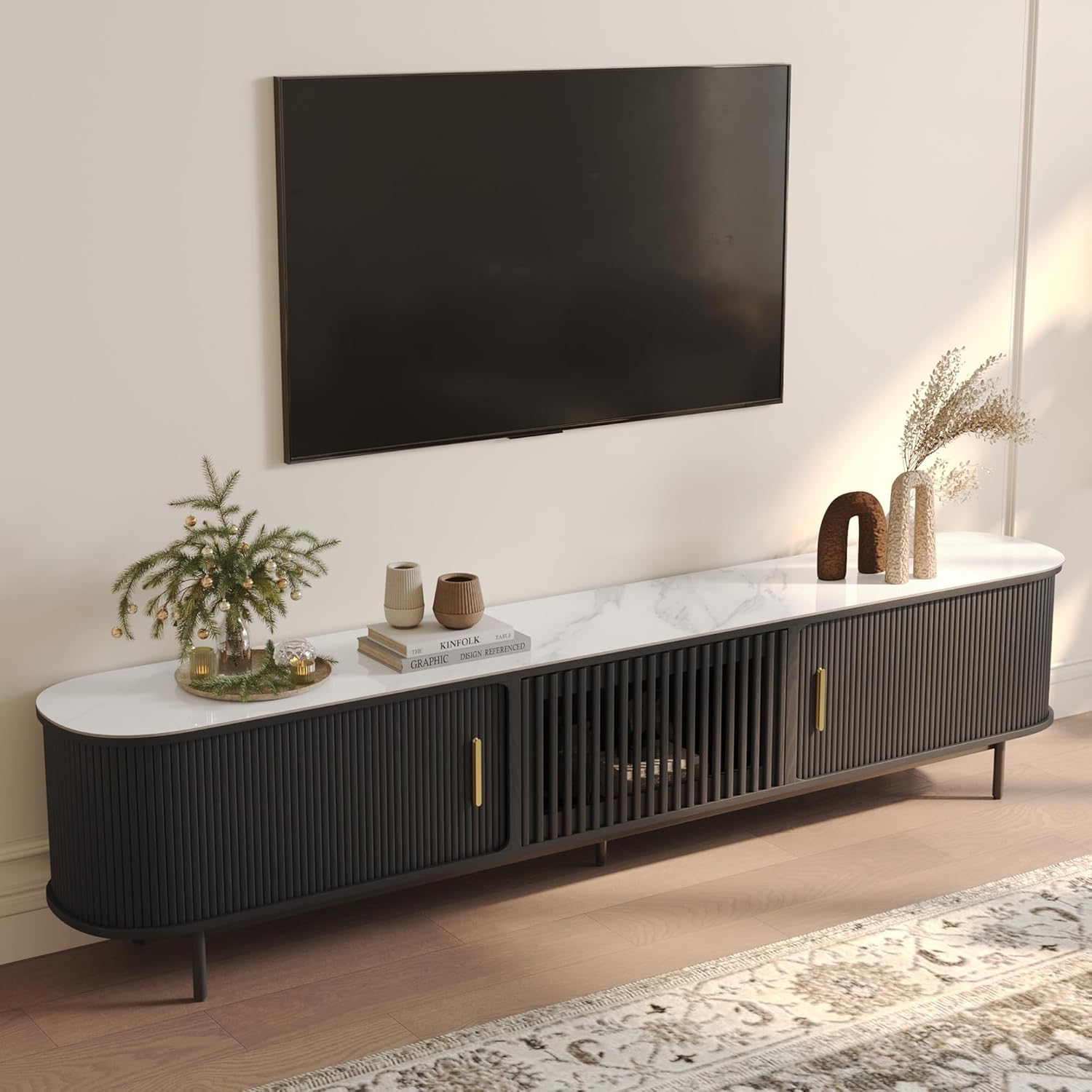 POVISON Fully-Assembled Sliding Tambour Door TV Stand, Mid Century Modern Sintered Stone TV Console, Wood Media Console for 85 Inch TV, Entertainment Center with Storage Cabinet(Black, 94.49")