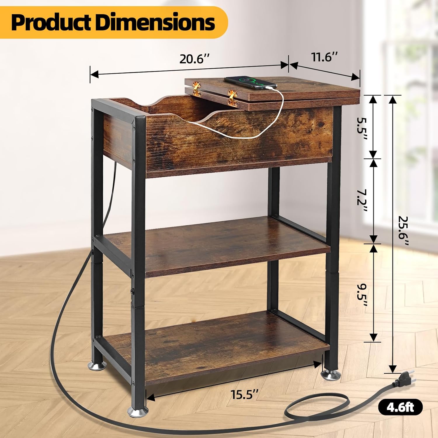 TooCust Flip Top End Table with Charging Station Set of 2, 12" D×21" W×26" H Small Side Tables with Storage & Shelves, Compact Side Table for Small Spaces, End Tables Living Room Set of 2, Brown