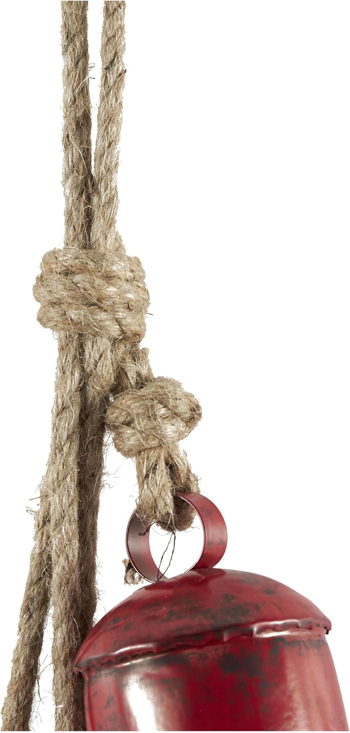 Deco 79 Metal Indoor Outdoor Decorative Cow Bells Tibetan Inspired Cascading Meditation Bell with 4 Bells on Jute Hanging Rope, Cow Bell 3" x 3" x 27", Red