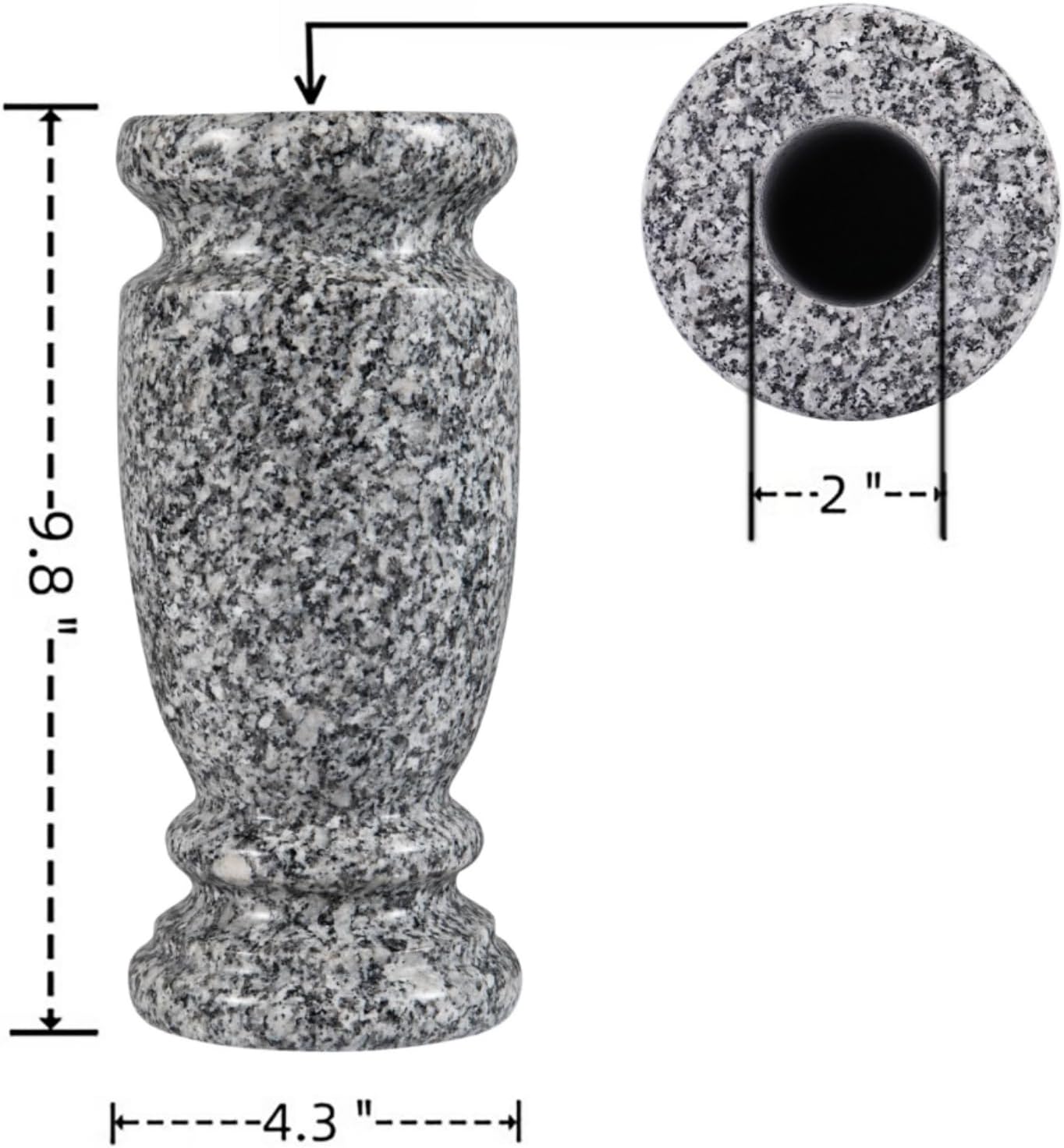 Gray Granite Cemetery Vase for Grave, 4.3" W x 9.8" H | Gray granite, side drainage hole prevents water pooling and freeze cracking. For grave markers & flower decoration. 1 count.