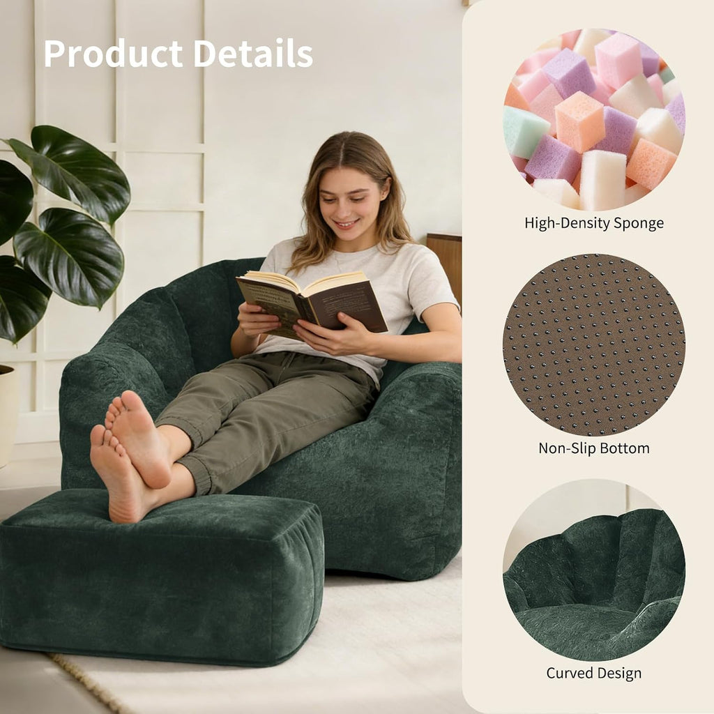FanYi Cloud Chair Bean Bag Chair with Ottoman for Adults, Oversized Flannelette Shell Chair, High Density Memory Foam Chairs for Adults, Washable Cover Comfy Sofa for Living Room Bedroom,Green