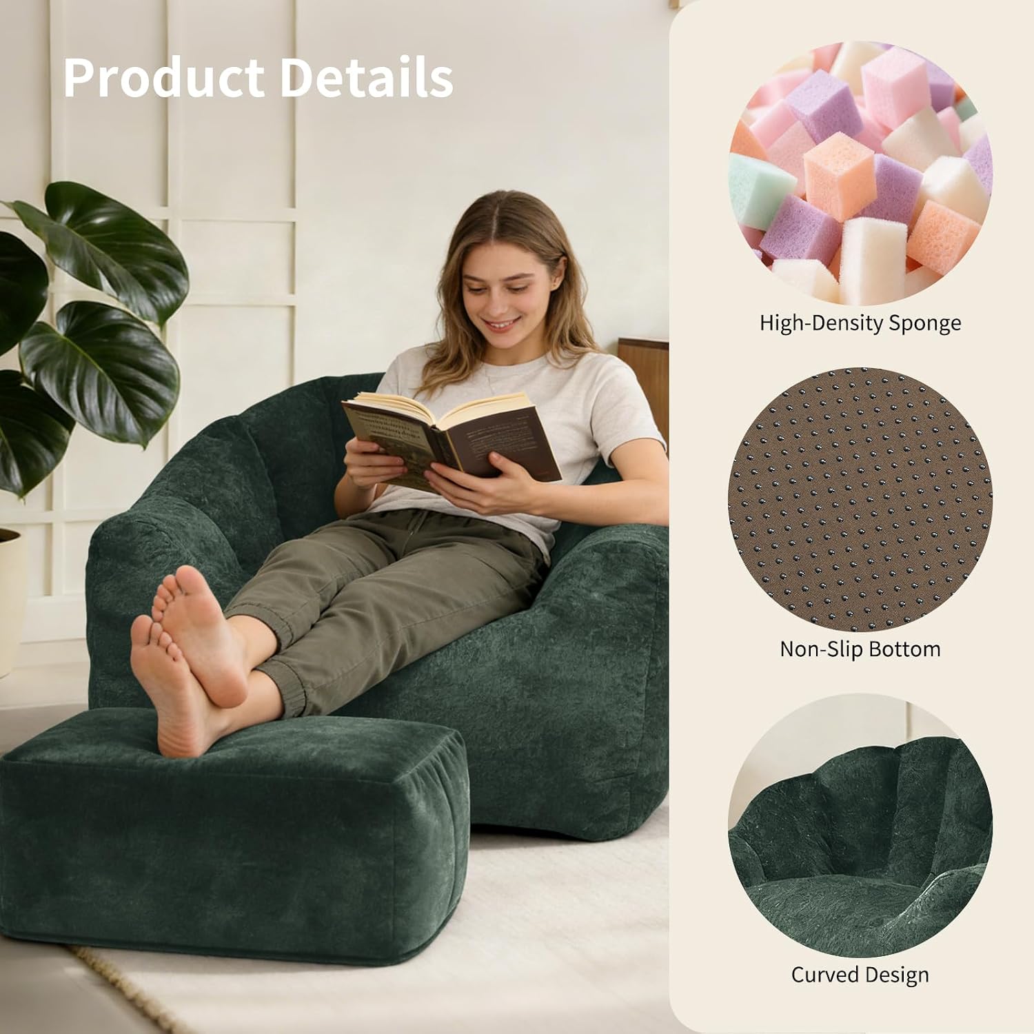FanYi Cloud Chair Bean Bag Chair with Ottoman for Adults, Oversized Flannelette Shell Chair, High Density Memory Foam Chairs for Adults, Washable Cover Comfy Sofa for Living Room Bedroom,Green