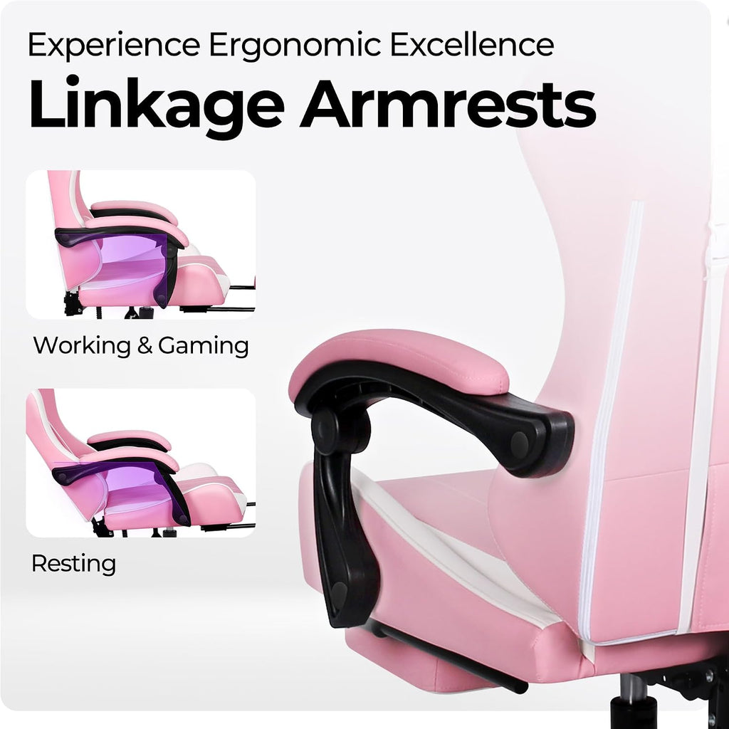 N-GEN GAMING Video Gaming Chair with Footrest Lumbar Support for Home Office High Back Recliner Height Adjustable Ergonomic Comfy Leather Computer Desk Chair (Leather Pink)