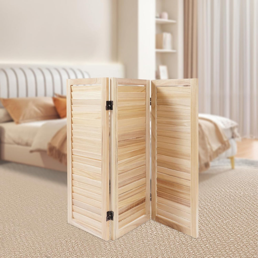 3 Panel 35 * 32in Short Room Divider Screen, 2.7 Ft Paulownia Wood Folding Privacy Screen Freestanding Shutter Divider for Home Office Indoor Decor(Wood Color