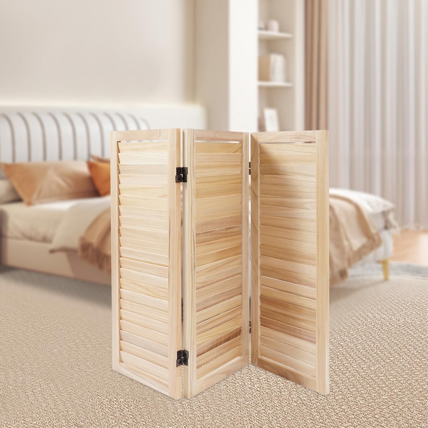 3 Panel 35 * 32in Short Room Divider Screen, 2.7 Ft Paulownia Wood Folding Privacy Screen Freestanding Shutter Divider for Home Office Indoor Decor(Wood Color