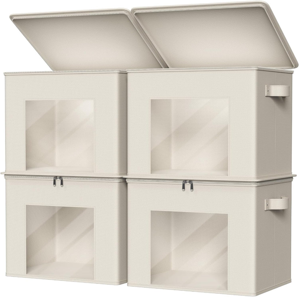 Zilink Fabric Storage Bins with Lid 4-Pack Stackable Cloth Storage Bins Sweater Organizer with Zipper & Clear Window Closet Organizers and Storage Box for Home, Office, Bedroom (Beige,17" x 12" x 12")