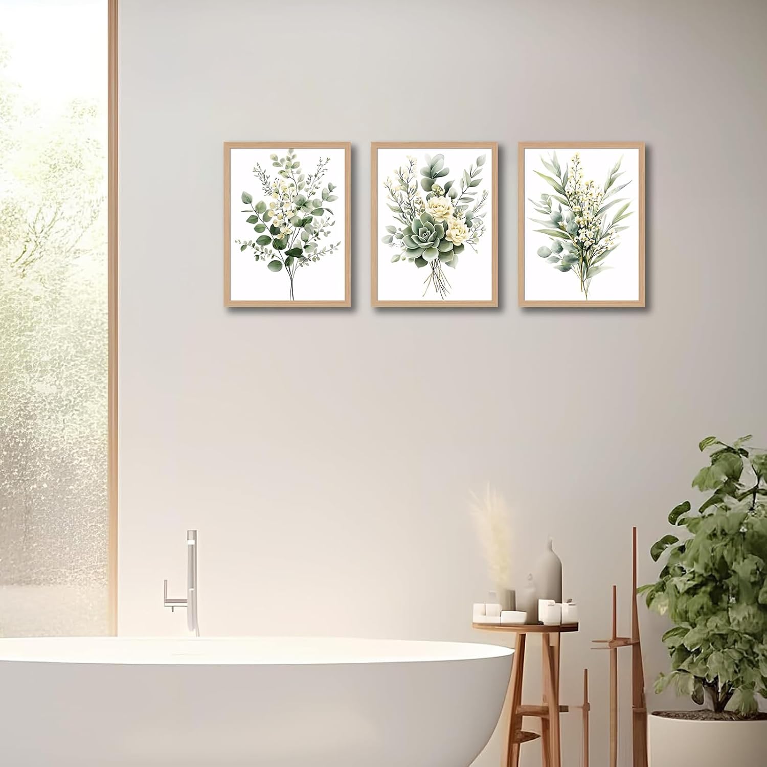 3Pcs Framed Vintage Botanical Wall Art Plant Floral Watercolor Canvas Prints Sage Green Painting Eucalyptus Leaf Picture Modern Minimalist Boho Bedroom Bathroom Living Room Ready to Hang 12x16in