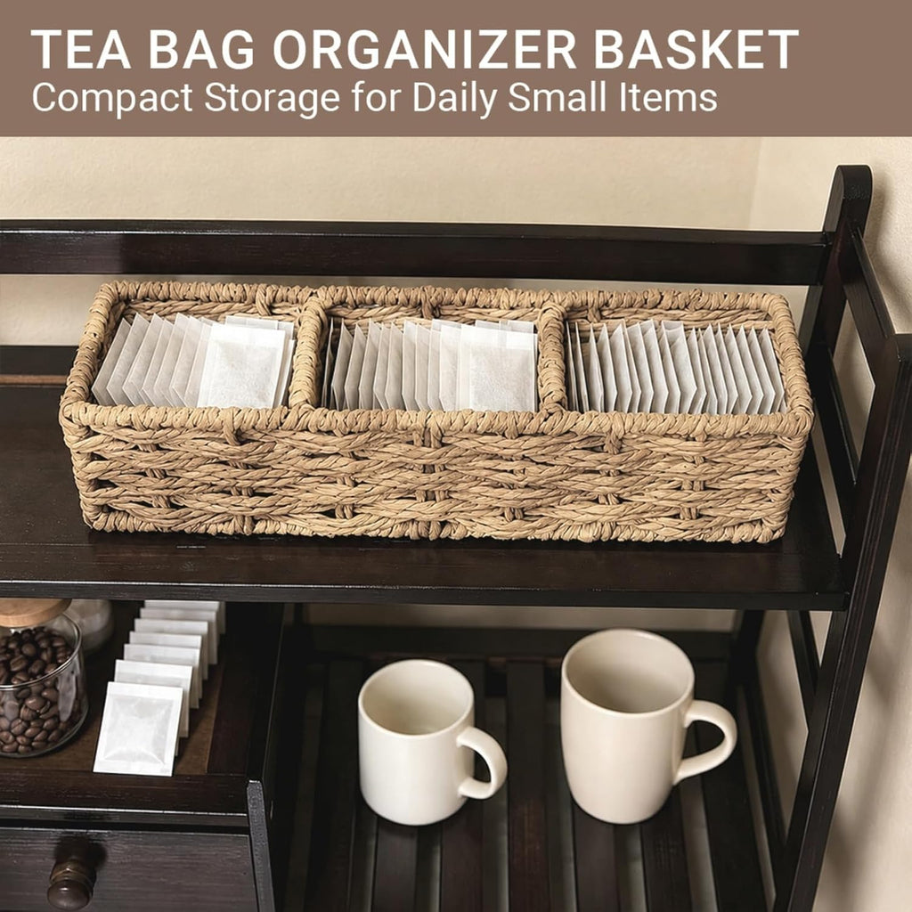 3-Compartment Braided Tea Bag Organizer For Countertop Or Drawer | drawer organizer, small tea coffee pod holder, country style, paper rope, basket, woven, storage bin