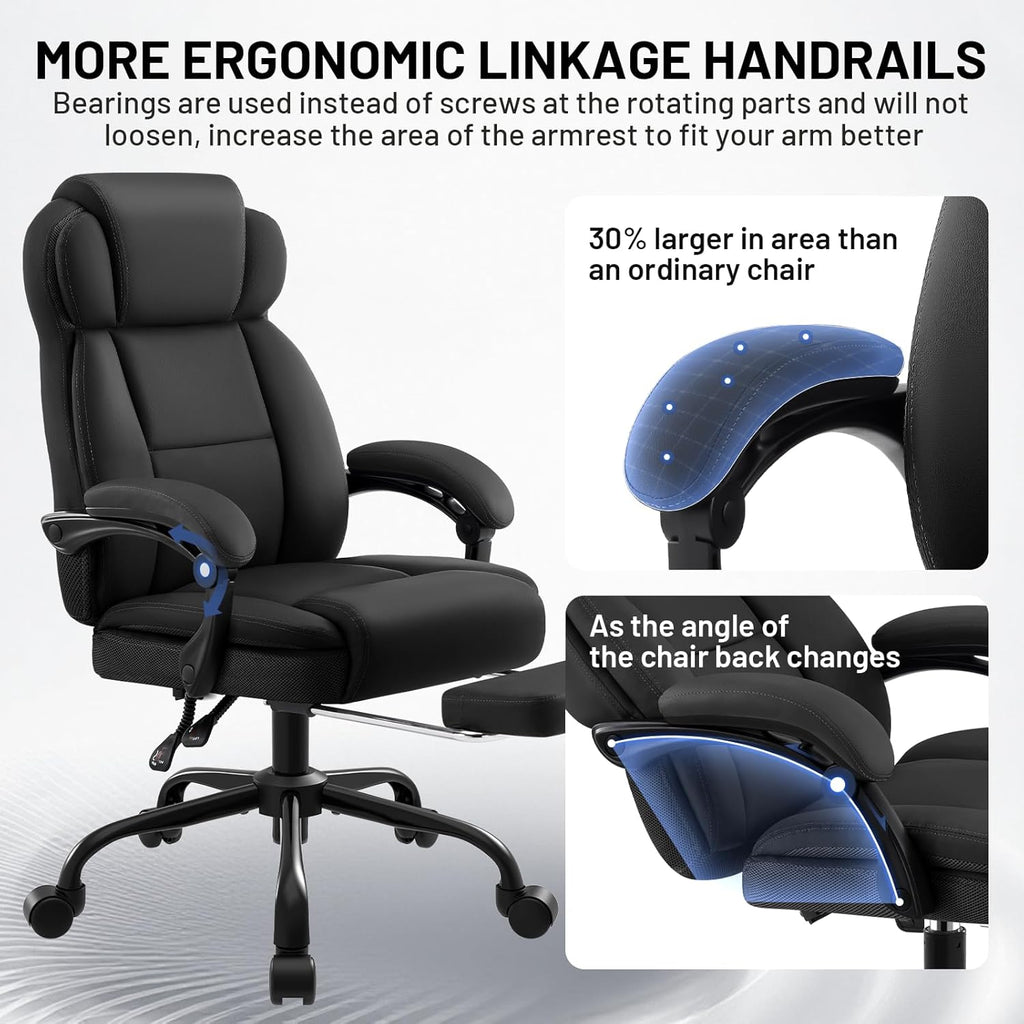 AreShark Ergonomic Office Chair with Footrest,PU Leather Executive Desk Chair Padded Linkage Armrests,Lumbar Support,Swivel Computer Chair for Home Office & Gaming,Black