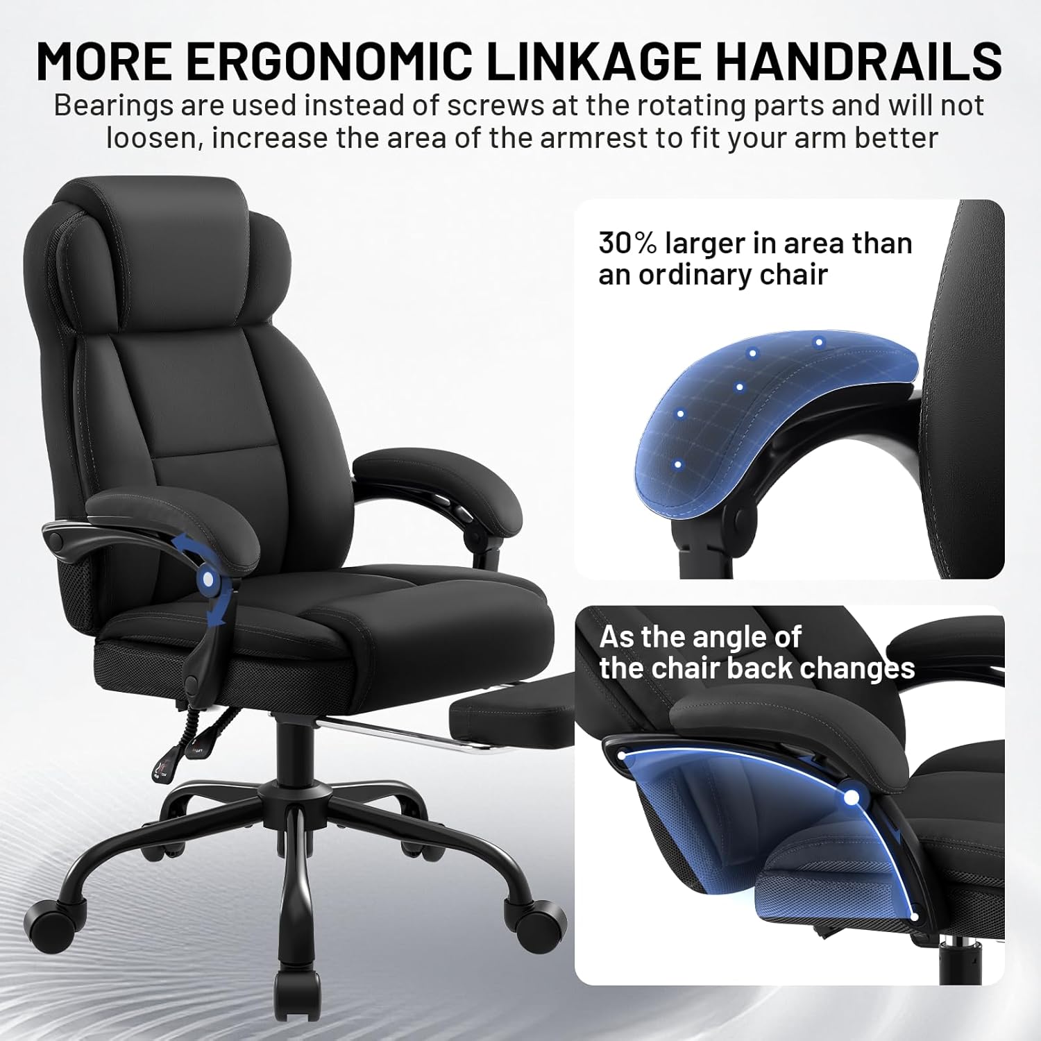 AreShark Ergonomic Office Chair with Footrest,PU Leather Executive Desk Chair Padded Linkage Armrests,Lumbar Support,Swivel Computer Chair for Home Office & Gaming,Black