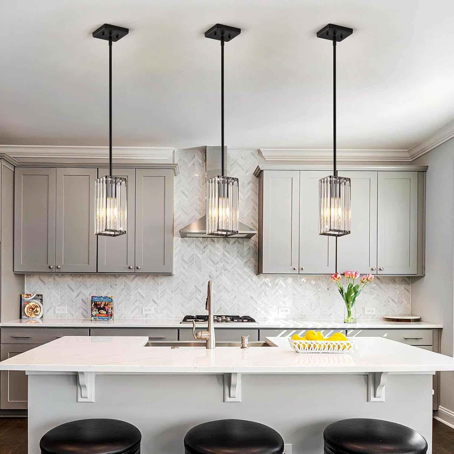 Modern Crystal Pendant Lights Kitchen Island, 3-Pack Black Hanging Light with Clear Crystal Shade, Adjustable Height Pendant Lighting for Kitchen Island Dining Room Bedroom Bar Entryway