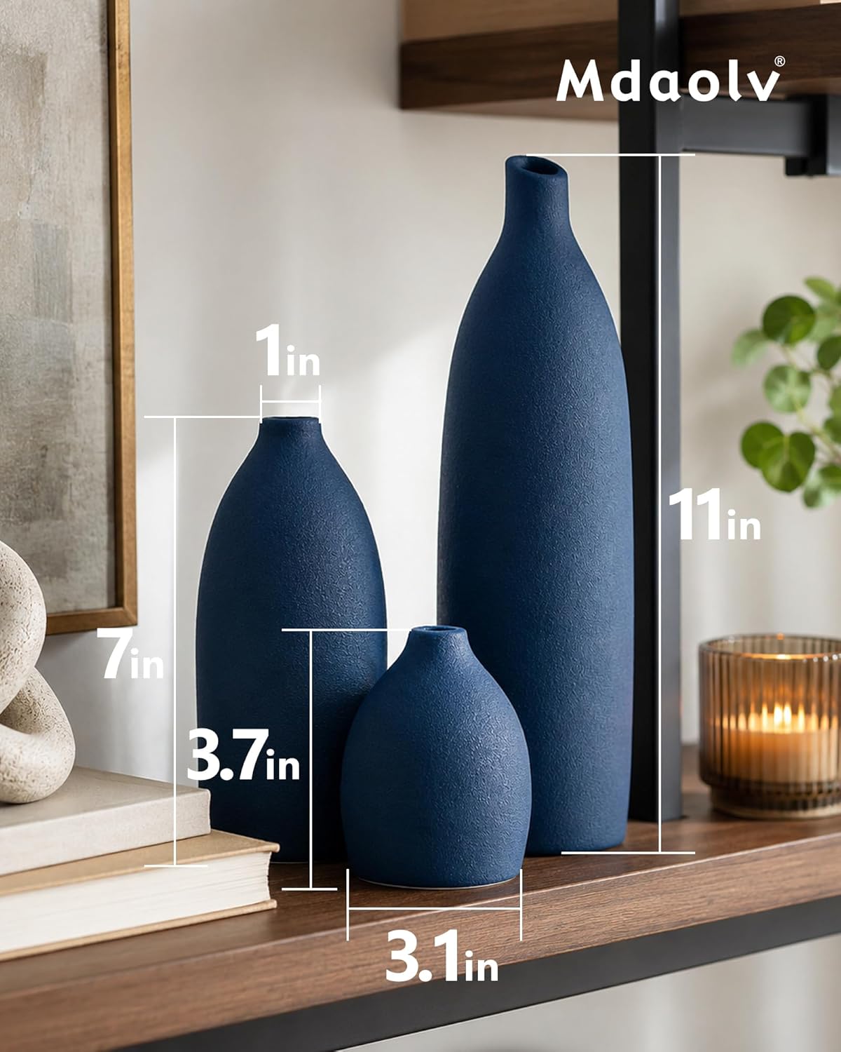 Mdaolv Matte Blue Vase Set Navy Blue Decor Coastal Decor Vases for Kitchen Island Living Room Office Table Fireplace Mantle Decorations & Bathroom Shelf Decor Centerpiece Table Decorations Ceramic