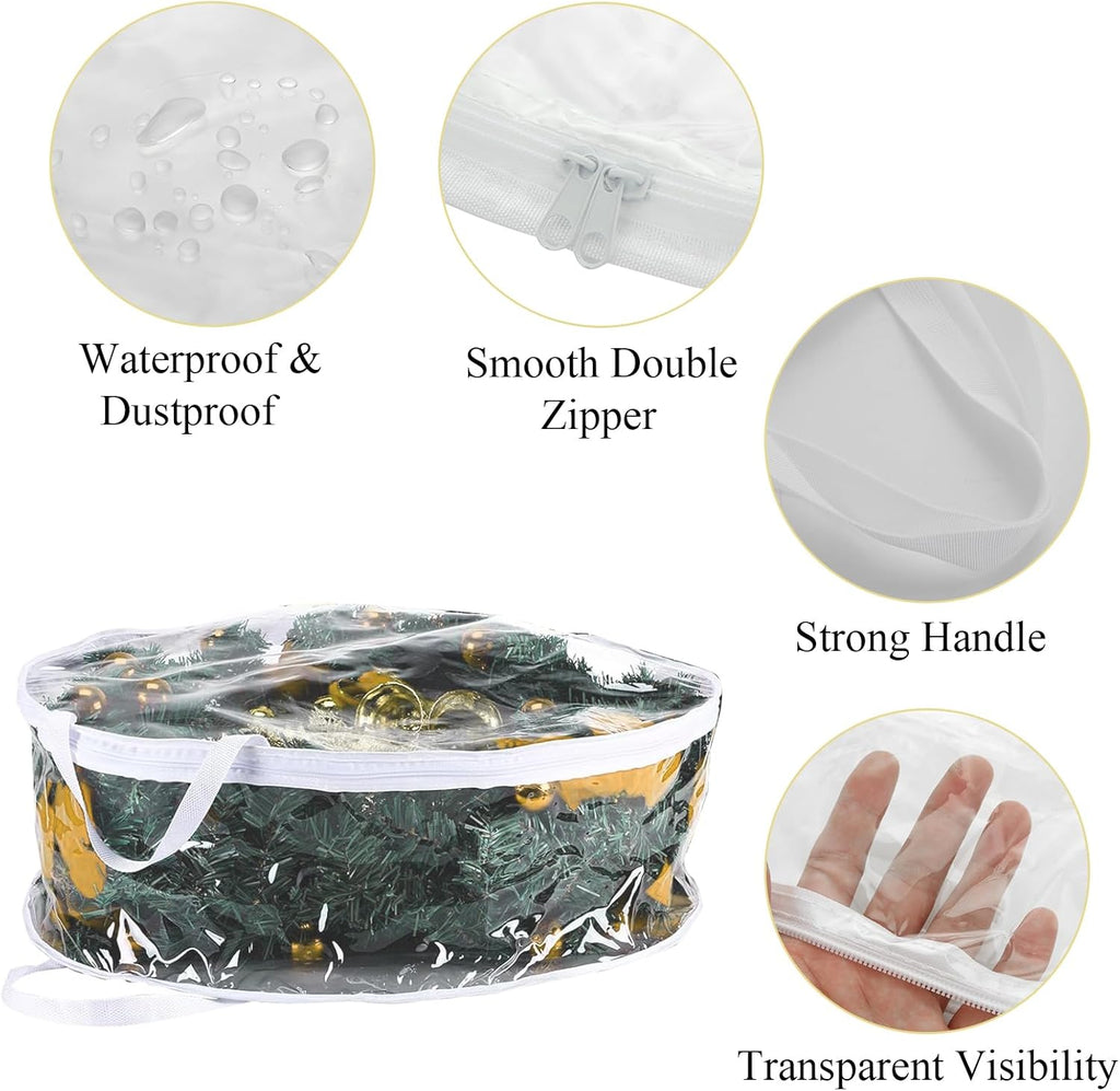 4 PCS Clear Wreath Storage Bag, 24x8 Inch Christmas Wreath Storage Container, Heavy Duty PVC Wreath Protector with Handle for Xmas Holiday Seasonal Wreath Garland (White)