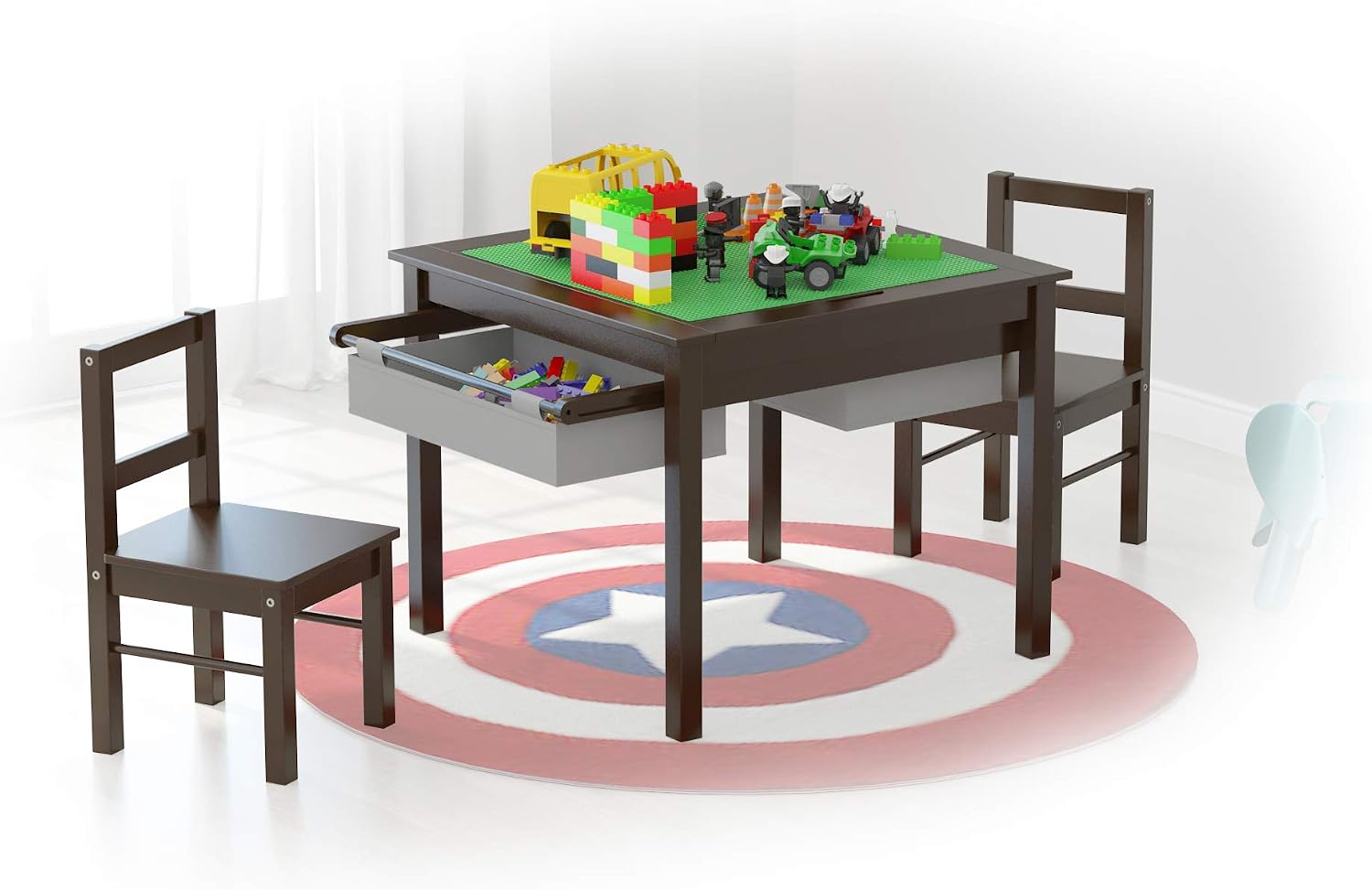 UTEX 2 in 1 Kids Construction Play Table and Chair Set with Storage Drawers | Wooden Kids Building & Activity Table with Storage, Water-based Paint Finish, Built in Plate Compatible with Lego and Duplo B