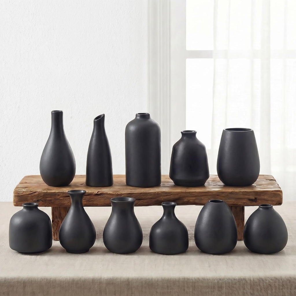 Black Bud Vases, Small Ceramic Vase Set of 11, Mini Pottery Vases for Flowers, Minimalist Boho Small Pampas Grass Flower Vase for Farmhouse Home Decor, Wedding Centerpiece, Shelf and Table Decoration