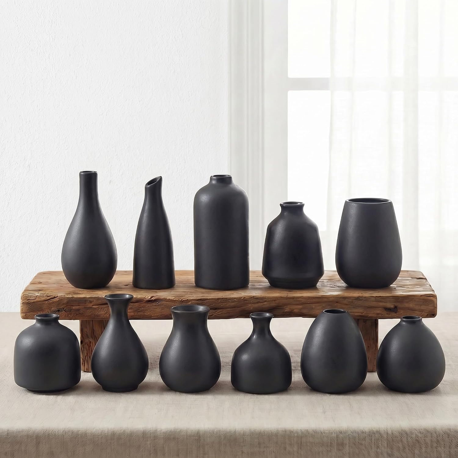 Black Bud Vases, Small Ceramic Vase Set of 11, Mini Pottery Vases for Flowers, Minimalist Boho Small Pampas Grass Flower Vase for Farmhouse Home Decor, Wedding Centerpiece, Shelf and Table Decoration