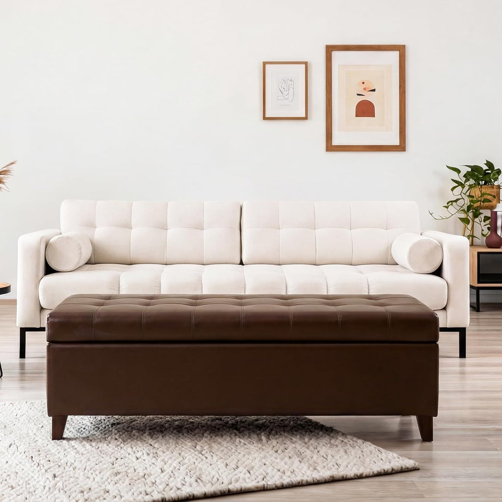 Joveco Storage Ottoman Bench, 51 Inch Leather Tufted Bench for End of Bed, Bedroom, Living Room, Brown