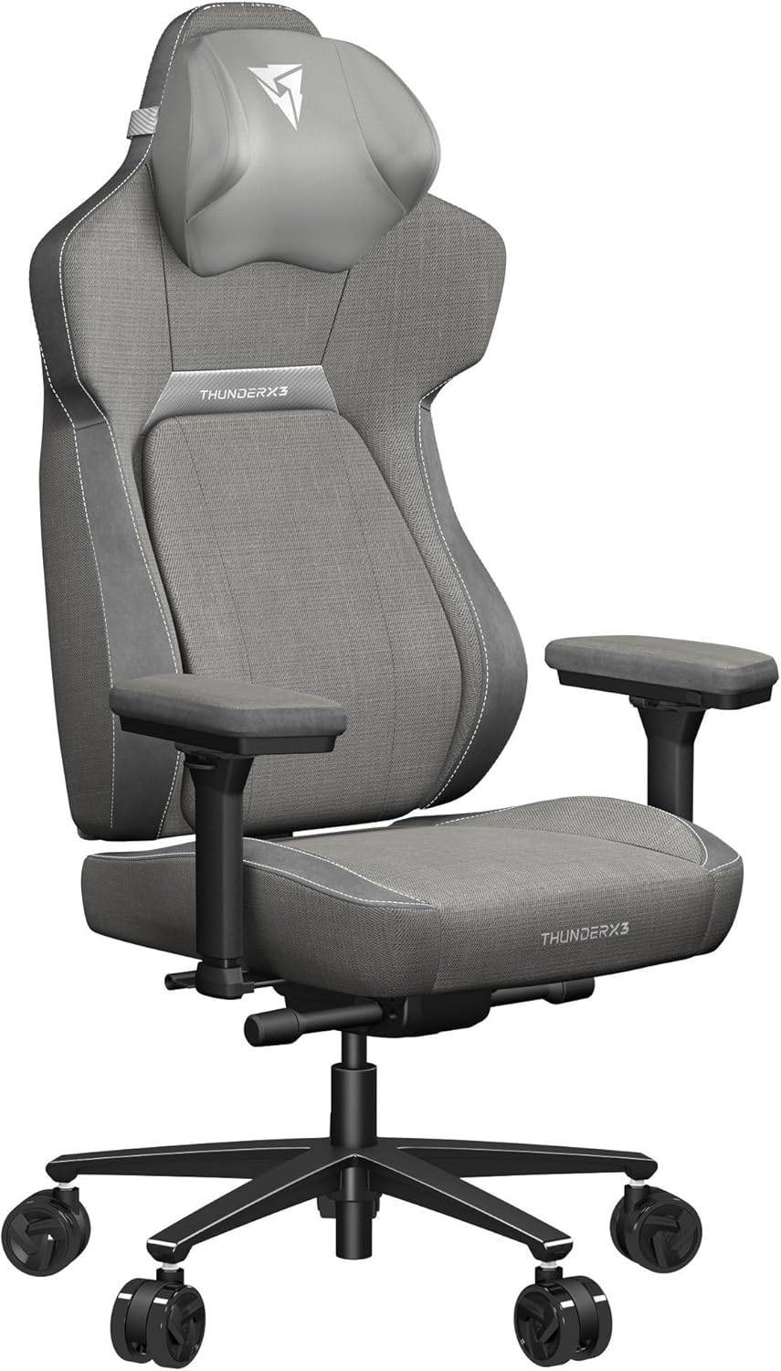THUNDERX3 CORE Gaming Chair, for Adults Ergonomic Office Chair, High Back Desk Chair, Synchronous Tilt, Forward Tilt, 360° Self-adjusting Lumbar Support, Multipurpose Footrest, Fabric, Loft Light Grey