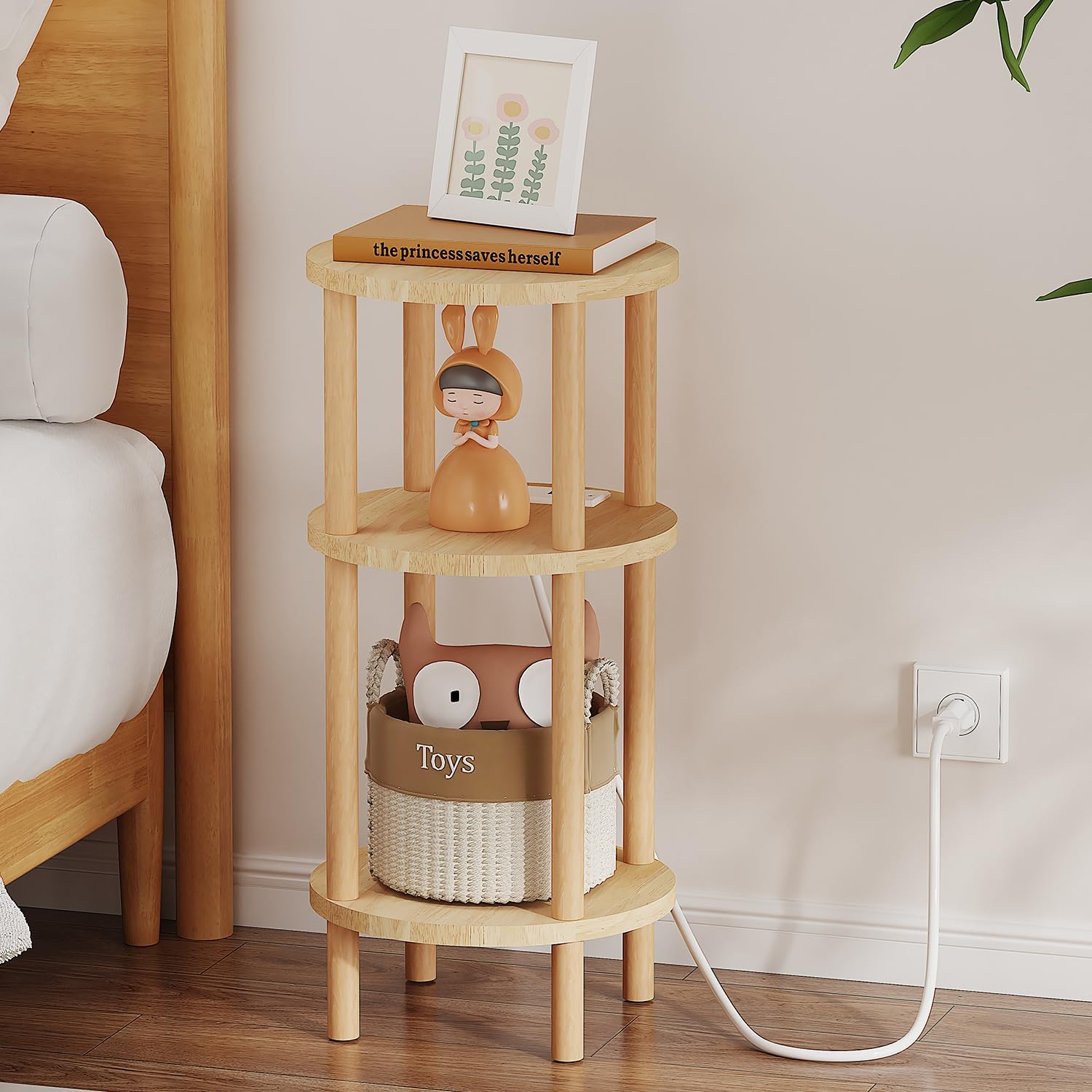 LUCKNOCK Small Round Side Table with Charging Station, 3-Tier Solid Wood End Table, Narrow Compact Sofa Bedside Table for Small Spaces, Easy Assembly for Living Room, Bedroom, Apartment (Natural)