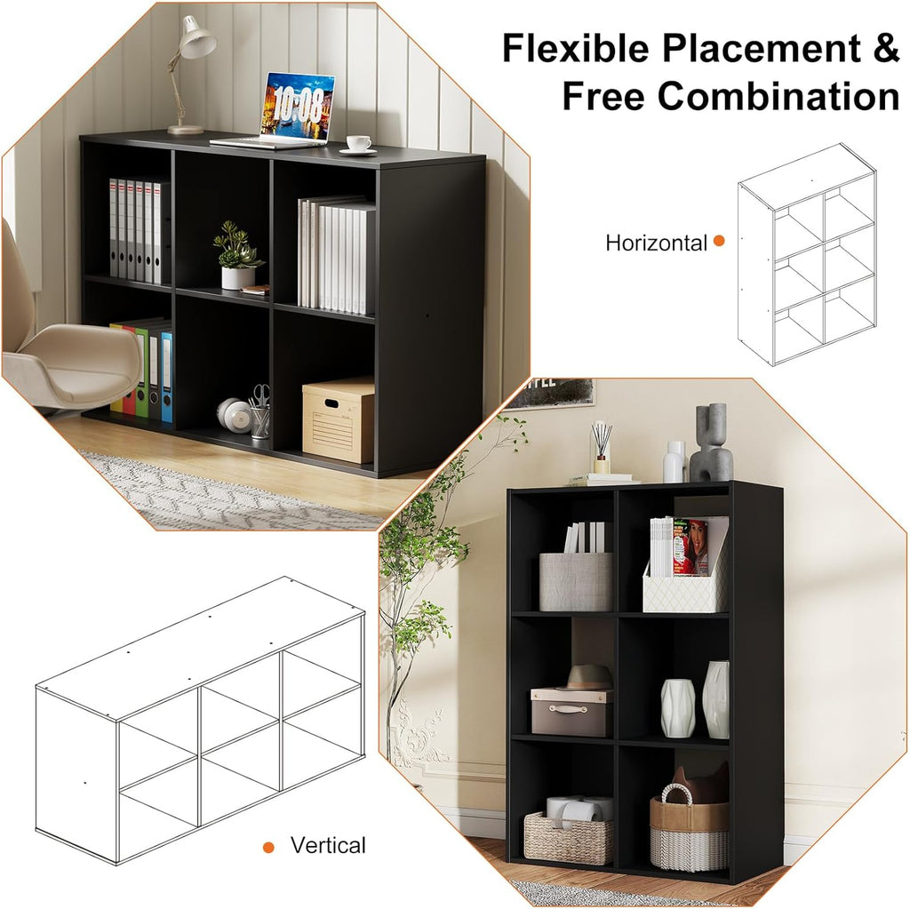 Sweetcrispy 6 Cube Storage Organizer - Open Cube Bookshelf with 3 Removable Back Panels, Display Storage Bookcase for Living Room, Bedroom, Entrance Hall, Home Office，36" Lx11.6 Wx24 H, Deep Black