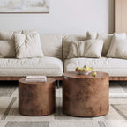 Nesting Coffee Table Set of 2, Modern Round Coffee Table and End Table Set, Brown Burl Center Table Circle Side Table for Living Room Bedroom Office