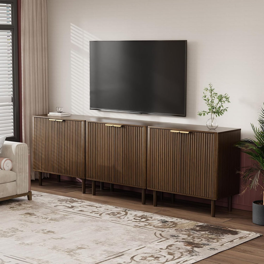 IKALIFE Sideboard Buffet Cabinet with Storage 31.5" Walnut | Modern Fluted Accent Credenza with Doors, Wood Coffee Bar Console Table for Living Room, Dining Room, Kitchen or Entryway