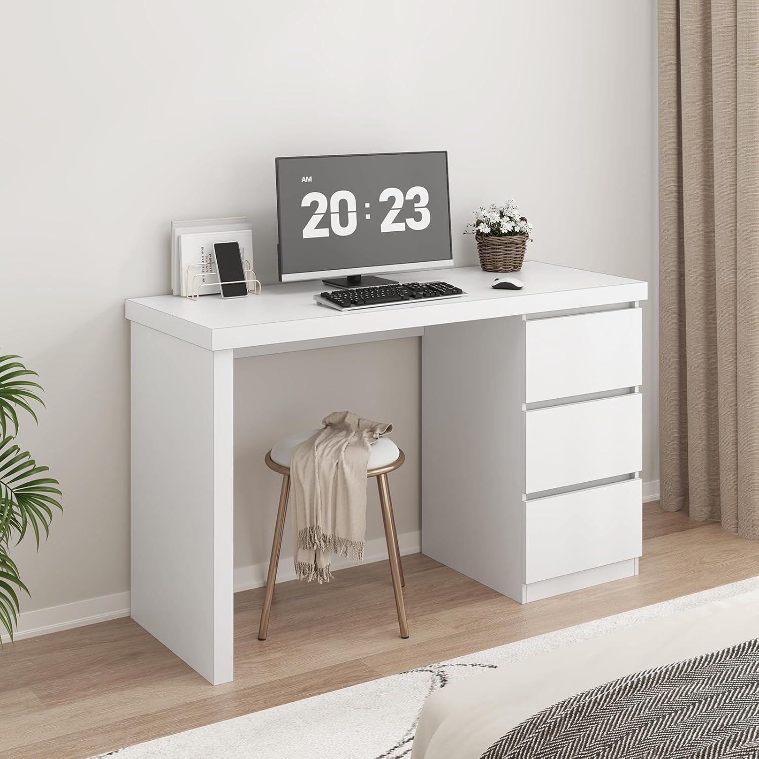furtble White Desk with Drawers, 43'' W Home Office Computer Desk Gaming Table, Modern Vanity Desk with Storage, Wood Writing Workstation for Bedroom, Living Room, White