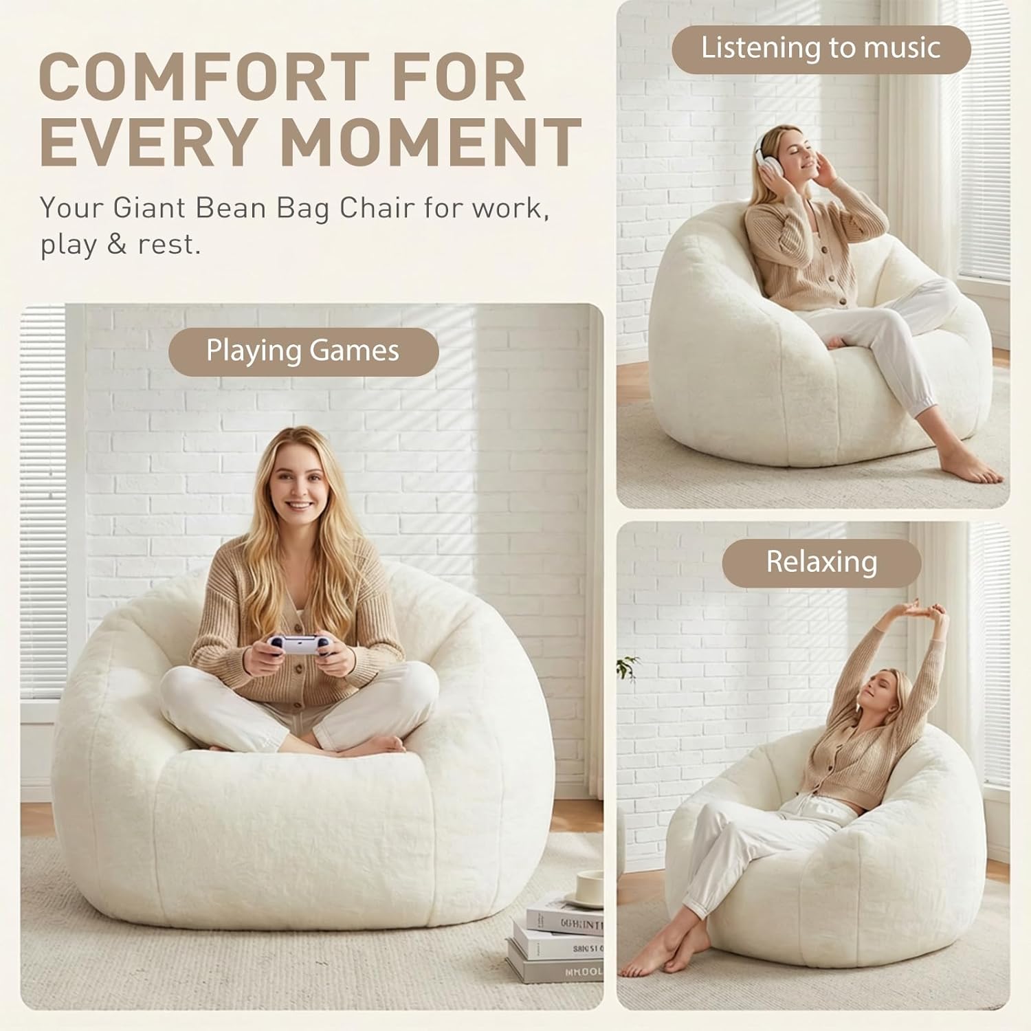 HUGHEAVEN Max Giant Bean Bag Chair, Oversized Bean Bag Sofa for Adults & Teens, Ultra-Soft Comfy Fluffy Floor Lounge Chair with Armrests, Large Bean Bag Couch for Gaming, Reading & Relaxing