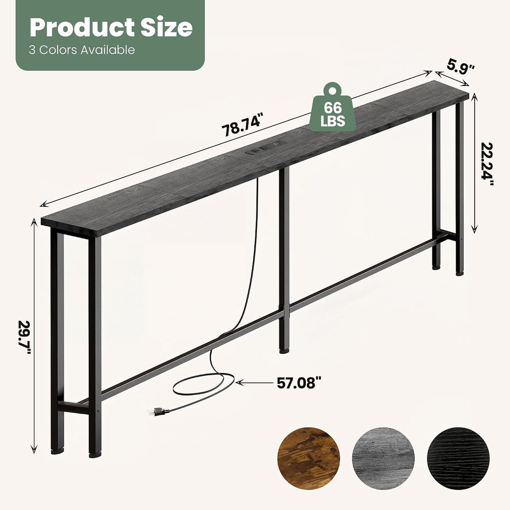 GRLEAF 78" Sofa Table with Built-in Power Strip (2 AC Outlets & 2 USB Ports) – 4.9ft Power Cord, Metal Frame, Easy Assembly, Long Couch Table Behind Sofa, Living Room and Home Office | Charcoal Gray