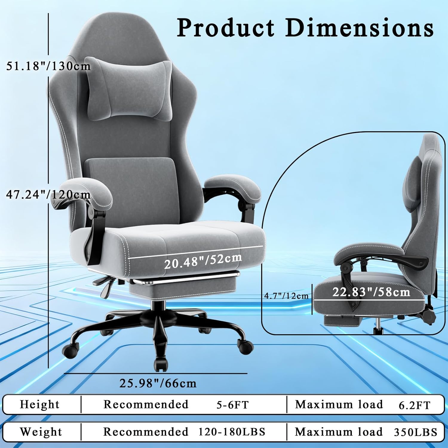 Massage Gaming Chair for Adults, Ergonomic Video Game Chair with Lumbar Support and Footrest, Height Adjustable Fabric Computer Chair with Pocket Spring Cushion (Light Gray)