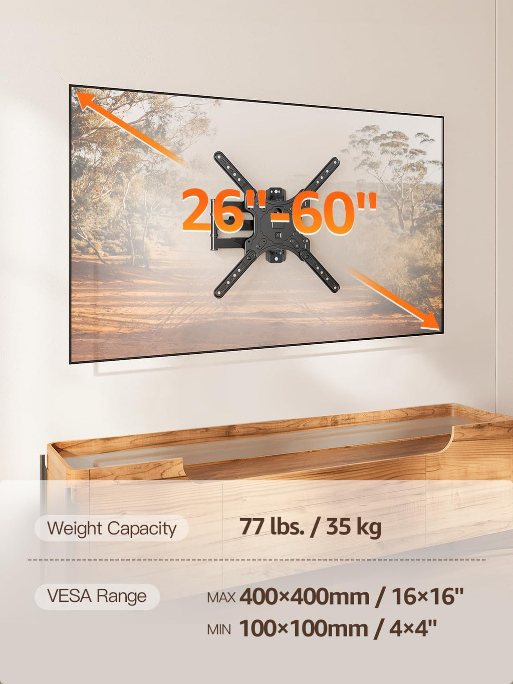 ELIVED TV Wall Mount for Most 26-60 Inch TVs, Wall Mount Bracket Max VESA 400x400mm, Swivel and Tilt Full Motion TV Mount with Single Stud Perfect Center Design, Corner Mount Holds up to 77 lbs.
