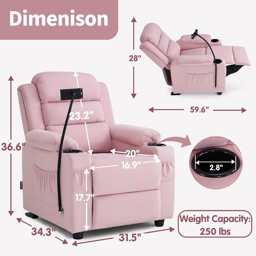 MCombo Bigger Kids Recliner for Ages 5+, Teens Recliner with iPad Stand, Child Reclining Chair with Cup Holders (Pink)