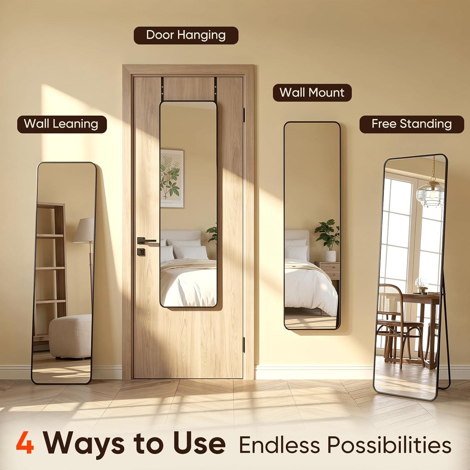 Antok 48"x14" Over the Door Mirror, Full Length Mirror Door Hanging with Aluminum Metal Frame, Rectangle Wall Mounted Body Mirrors for Bedroom, No-Drill Space Saving Dressing Mirrors, Black