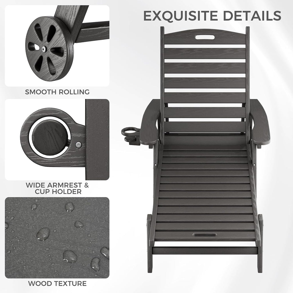 WACASA HDPE Pool Lounge Chairs Set of 2 with Wheels & Cup Holder, 6-Position Adjustable Outdoor Lounge Chair, Easy 20-Min Assembly, 450LBS Bearing, Patio Lounger for Poolside, Deck, Backyard (Grey)