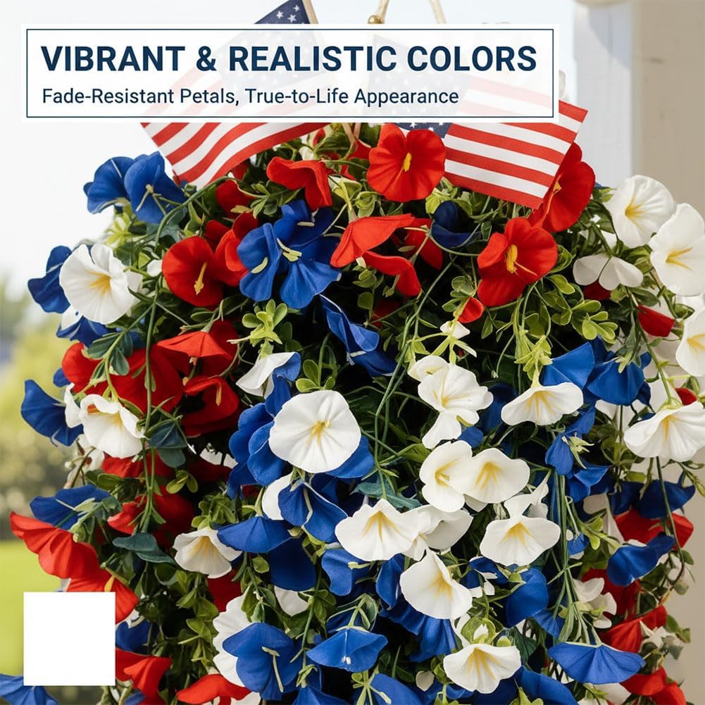 Red White and Blue Hanging Flowers for Outdoors, 4th of July Decoration Tricolor Patriotic Artificial Flower, Patriotic Artificial Flowers for Independence Day Decor, Celebration-Ready (2pcs)