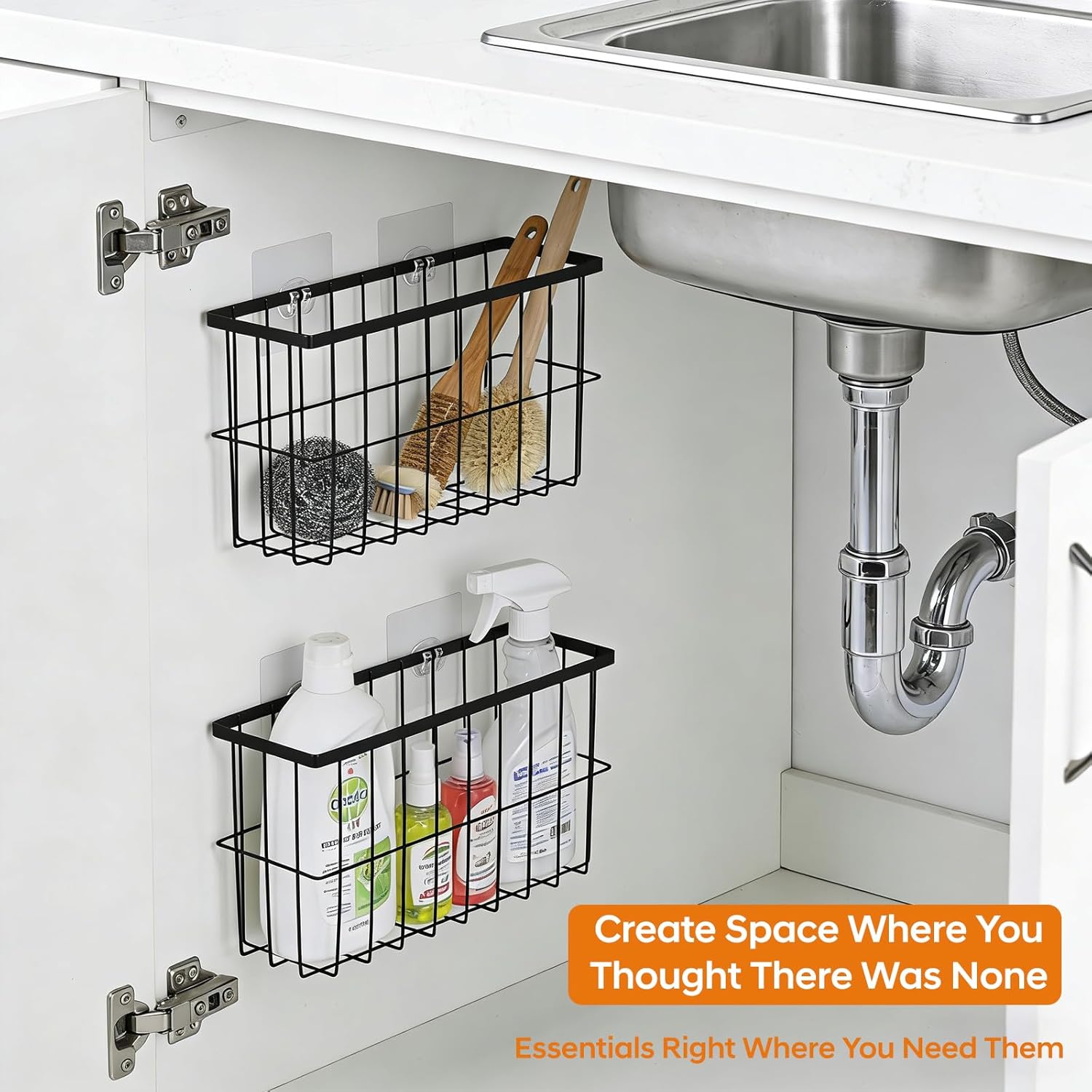 FAMNONE 2 Pack Adhesive Cabinet Door Organizer – 5.9” Deep Lid Organizer for Cabinet, No Drill Wall Mounted Storage Box for Pantry Door, Kitchen & Bathroom Space Saving Organizer