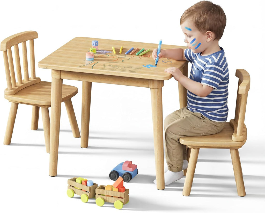 Brelley Solid Wood Kids Table and 2 Chairs Set, Toddler Desk 23.6" L x 19.7" W and Chair Set, Graffiti Desktop, Classroom/Daycare/Home, Children Multi-Activity Table for Ages 2-8