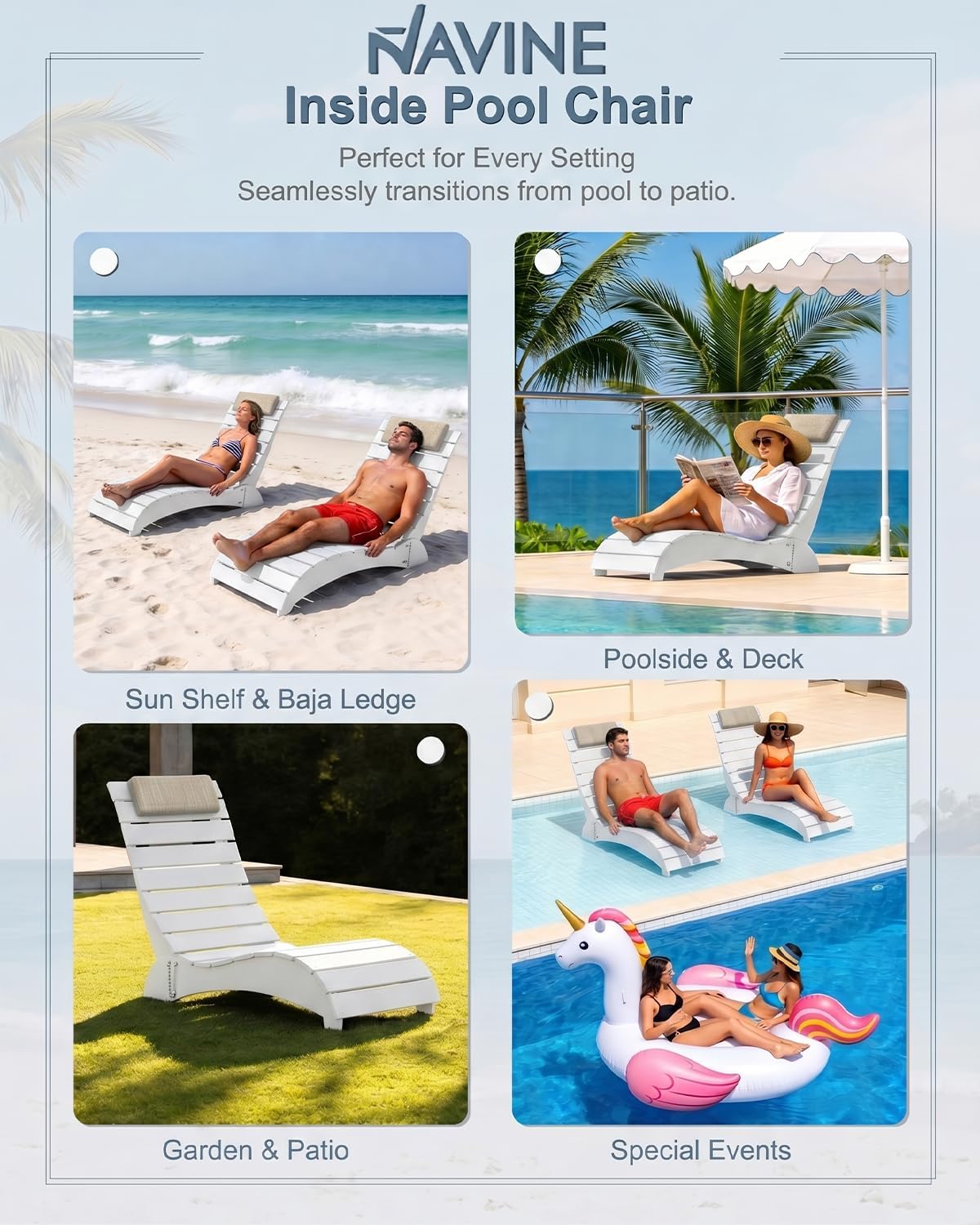 NAVINE Pool Lounge Chairs Set of 2, HDPE Adjustable Chaise Chairs with Headrest, Weighted Fade-Resistant Pool Chairs and Lounger for Baja Ledge，Poolside and Deck, White